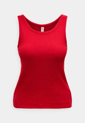 Rode geribde gebreide mouwloze tanktop met een ronde hals, getoond tegen een effen witte achtergrond.