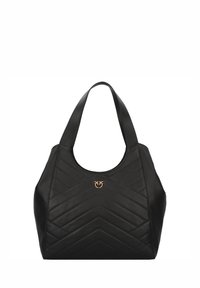 Black leather handbag with chevron quilted design, wide shoulder straps, and a gold logo accent on the front.