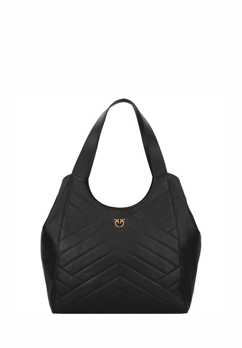 Black leather handbag with chevron quilted design, wide shoulder straps, and a gold logo accent on the front.