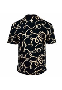 Schwarzes T-Shirt mit kurzen Ärmeln, das ein cremfarbenes abstraktes Schleifenmuster aufweist. Hergestellt aus weichem Stoff, mit lockerer Passform und minimalistischem Design.