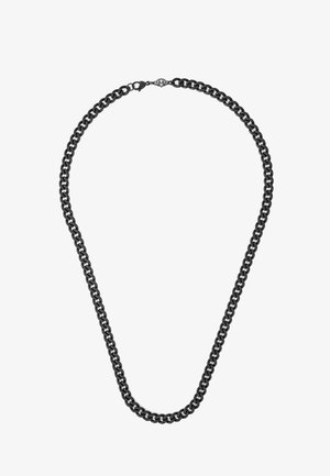 Fekete lánc nyaklánc, vastag, összekapcsolt fémgyűrűkkel, fényes felülettel és biztonságos homárkapoccsal.