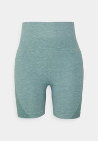 Höga cykelbyxor i ett strukturerat ljus teal-tyg, med en slät yta och ribbade detaljer på sidorna.