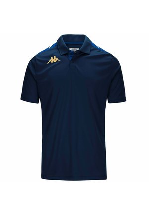 Polo shirt blu navy a maniche corte, realizzato in tessuto liscio. Presenta un logo dorato sul lato sinistro del petto e dettagli blu sulle spalle.