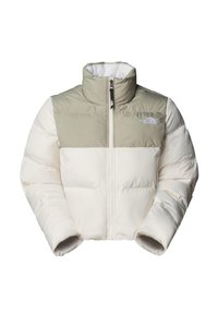 Giacca imbottita e cortata in crema e verde oliva. Dotata di colletto alto, zip completa e dettagli cuciti. Logo sul petto sinistro.