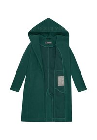 Long green hoodie robe made from soft fabric, featuring a large hood, front pockets, and a printed label inside.