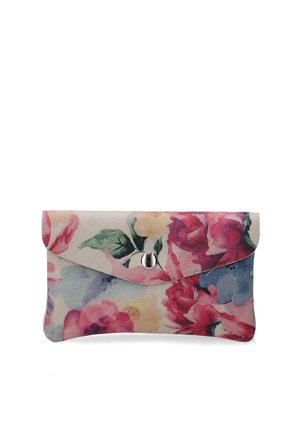 Kwiatowy portfel kopertowy wykonany z teksturowanej tkaniny. Posiada klapkę z metalowym zatrzaskiem, drukowany w żywych odcieniach różowego, niebieskiego i zielonego.