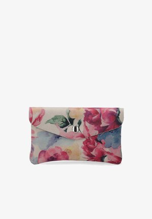 Kwiatowy portfel kopertowy wykonany z teksturowanej tkaniny. Posiada klapkę z metalowym zatrzaskiem, drukowany w żywych odcieniach różowego, niebieskiego i zielonego.