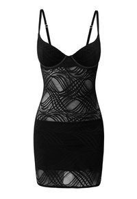 Czarna sukienka o kroju bodycon z cienkimi regulowanymi ramiączkami, koronkowymi detalami i falistym wzorem na przezroczystym materiale.