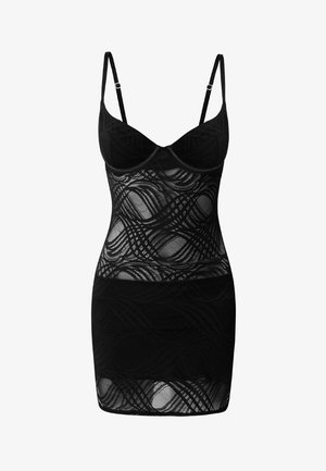 Abito aderente nero con sottili spalline regolabili, dettagli in pizzo e un motivo a onde su tutto il materiale trasparente.