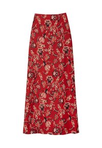 Rode maxi rok met een vloeiende uitstraling, voorzien van grote roze en zwarte bloemenpatronen en een soepele textuur.
