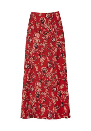 Falda maxi roja con un diseño acampanado, que presenta grandes patrones florales en rosa y negro, y una textura suave.