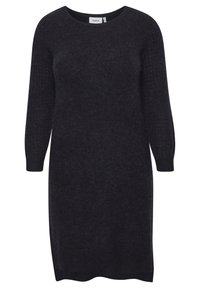 Rochie tricotată de culoare gri închis, cu decolteu larg, mâneci lungi și un model texturat pe mâneci. Material neted, cu o croială ușor lejeră.
