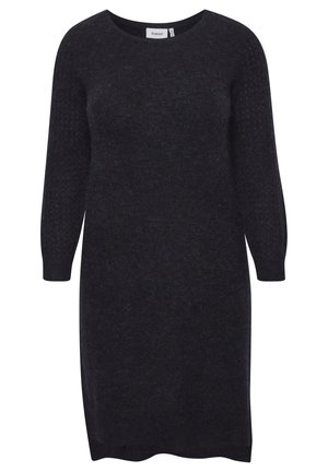 Mörkgrå stickad klänning med vid halsringning, långa ärmar och ett strukturerat mönster på ärmarna. Slät tyg med en något lös passform.