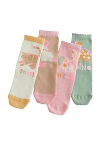 Four pairs of colorful socks: cream with a tiger graphic, beige with a bunny, pink with a unicorn, and green with a turtle, all featuring playful designs.