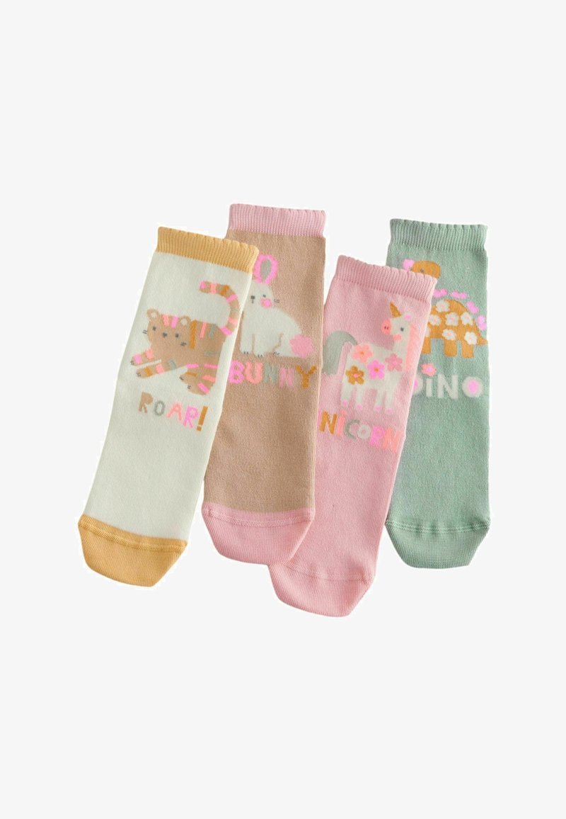 Štyri páry farebných ponožiek: krémové s grafikou tigra, béžové s králikom, ružové s jednorožcom a zelené s korytnačkou, všetky s hravými dizajnmi.