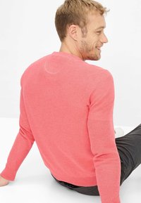 Rosa langärmliger Pullover mit Rundhalsausschnitt, strukturierter Strickstoff und enganliegende Ärmel, getragen mit dunkler Hose, Rückansicht.