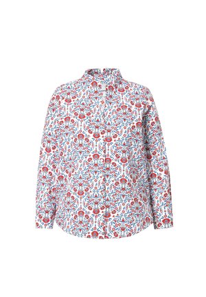 Langärmliges Hemd aus weißer Baumwolle mit rotem und blauen Blumenmuster, Knopfleiste und Stehkragen. Glatte Textur und taillierte Passform.