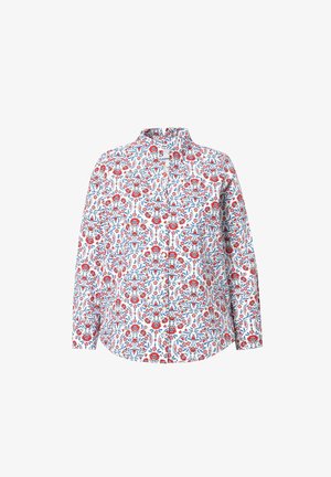 Langärmliges Hemd aus weißer Baumwolle mit rotem und blauen Blumenmuster, Knopfleiste und Stehkragen. Glatte Textur und taillierte Passform.