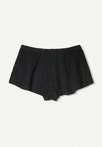 Black crochet shorts with a loose fit, featuring a textured pattern and elastic waistband. Short length, subtle scalloped edge.
