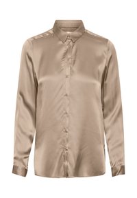 Long-sleeve shirt in light beige satin. Features a pointed collar, front button closure, and cuffed sleeves. Smooth texture.