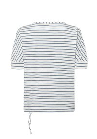 Striped cotton T-shirt with short sleeves, featuring blue stripes on a white background, round neckline, and adjustable tie at the hem.