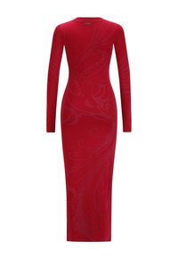 Vestido rojo de manga larga con una silueta ajustada, fabricado en un tejido suave y con un sutil diseño de cisnes en tono sobre tono en la parte posterior.
