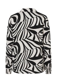 Langärmliges Hemd aus schwarz-weiß gemustertem Blätterstoff. Mit klassischem Kragen und geknöpften Manschetten. Glatte Textur, lässiges Design.