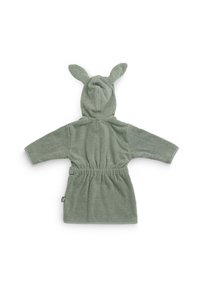 Groene badjas van badstof met een capuchon en twee spitse oren, lange mouwen en een ceintuur voor een verstelbare pasvorm.