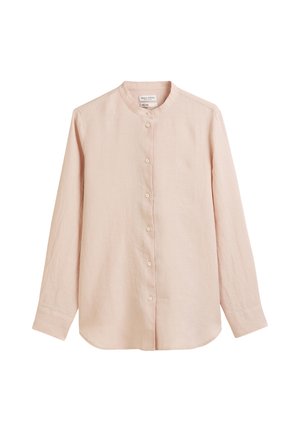 Camicia rosa chiaro a maniche lunghe in lino, con colletto alla coreana, chiusura frontale con bottoni e vestibilità rilassata con orlo curvo.