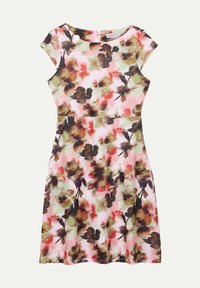 Blumenkleid in rosa und grünen Farbtönen mit kurzen Ärmeln, tailliertem Oberteil, schwingendem Rock und seitlichem Reißverschluss. Besitzt ein großes abstraktes Blumenmuster.