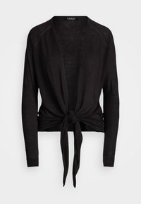 Svart stickad cardigan med långa ärmar, öppen front och ett bälte i midjan. Har en mjuk textur och en avslappnad passform.