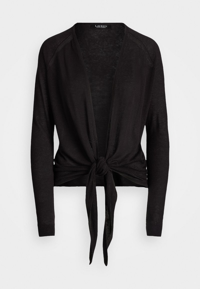 Svart stickad cardigan med långa ärmar, öppen front och ett bälte i midjan. Har en mjuk textur och en avslappnad passform.