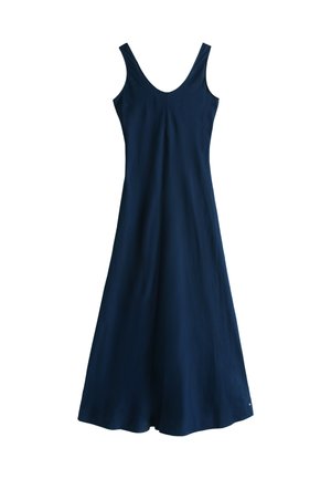 Marineblaues ärmelloses Kleid mit V-Ausschnitt, fließender Silhouette und weichem Material. Verfügt über einen knielangen Saum und minimale Details.