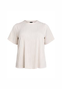 Kortärmad t-shirt med rund halsringning i mjuk beige tyg, med ett texturerat vågmönster och avslappnad passform, utan synliga knäppningar eller dekorationer.