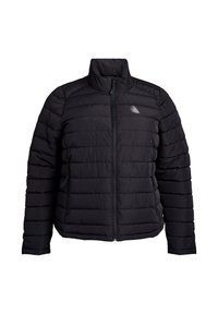 Schwarz gesteppte Pufferjacke mit Reißverschluss, Stehkragen, seitlichen Reißverschlusstaschen und einem kleinen Logo auf der linken Brust.