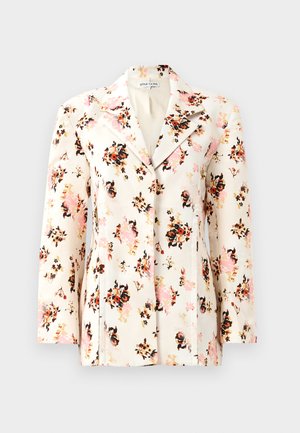 Blomsterblazer i cremefarvet stof med livlige mønstre i pink, sort og orange. Har en klassisk krave og skræddersyet pasform med lange ærmer.