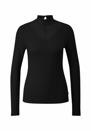 Zwarte langwerpige top met hoge kraag, met textuurdetail en een sleufopening aan de achterkant. Ribgebreide stof over het geheel.