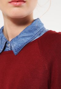 Gros plan sur une personne portant un pull rouge par-dessus une chemise en denim bleu avec col, montrant l'encolure et une partie du bas du visage.