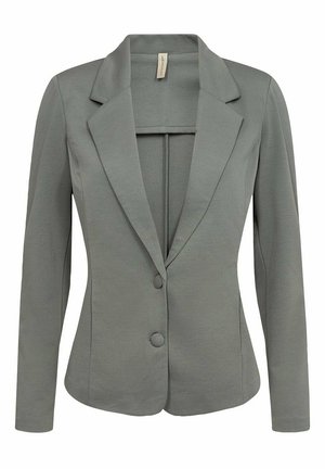 Taillierter Blazer aus grauem Stoff, mit Reverskragen, langen Ärmeln und zwei Knöpfen vorne; glatte Textur, strukturierte Form.