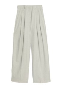 Hellgraue Hose mit hoher Taille, weitem Bein, vorn mit Falten, Gürtelschlaufen und glattem Stoff. 