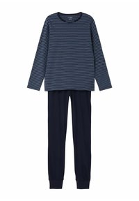 Navy striped long-sleeve top with crew neck and matching solid navy pants with elastic cuffs; cotton material and relaxed fit.