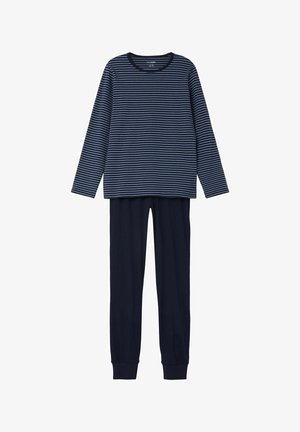 Jūrinės juostelės ilgos rankovės marškiniai su apvalia iškirpte ir suderinti vientisi tamsiai mėlyni kelnės su elastingais rankogaliais; medvilnės medžiaga ir laisvas kirpimas.