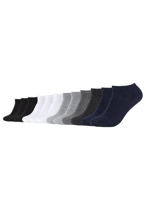 Set of 12 ankle socks in black, white, grey, and navy. Made of soft fabric, featuring a ribbed cuff and seamless toe design for comfort.