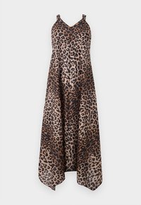 Robe sans manches, col en V, longueur cheville, imprimé léopard marron et noir avec ourlet asymétrique sur fond blanc.
