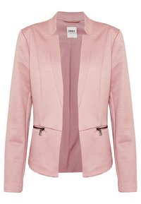 Ljusrosa blazer med texturerad tyg, skräddarsydd passform, öppen front och blixtlåsförsedda sidofickor. Slät inredningsfoder fulländar designen.