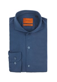 Donkerblauwe katoenen overhemd met een spread collar, twee met knopen gesloten mouwen en bijpassende blauwe knopen. Label met de tekst "SUITABLE" in oranje.