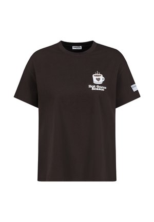 Dark brown short-sleeve T-shirt with a small white steaming cup and the text "Hot Cocoa Season" on the chest, and a label on the sleeve.