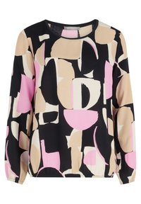 Langärmlige Bluse mit schwarzem Hintergrund und abstrakten Formen in Pink, Beige und Creme. Weicher Stoff und runder Ausschnitt.