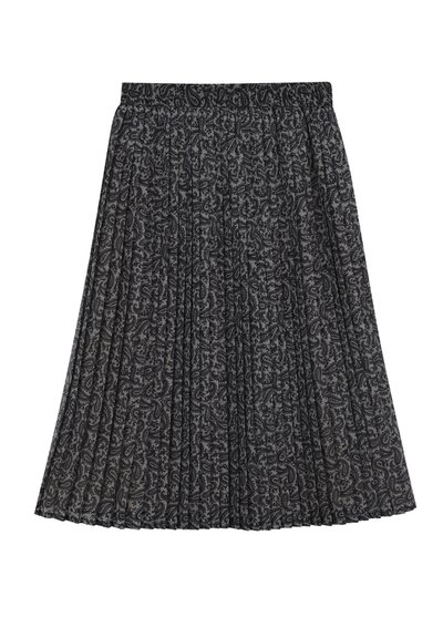 Jupe plissée noire avec un motif cachemire, taille élastique et tissu léger, conçue pour une silhouette fluide.