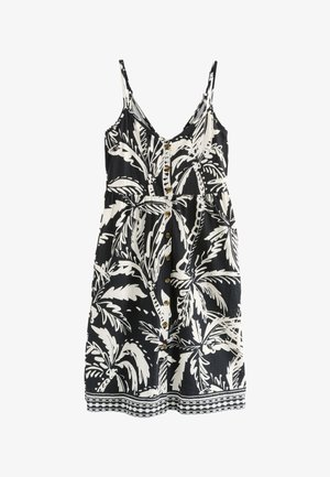 Zwarte mouwloze zomerse jurk met witte palmboomprint, knoopsluiting aan de voorkant en dunne schouderbandjes.